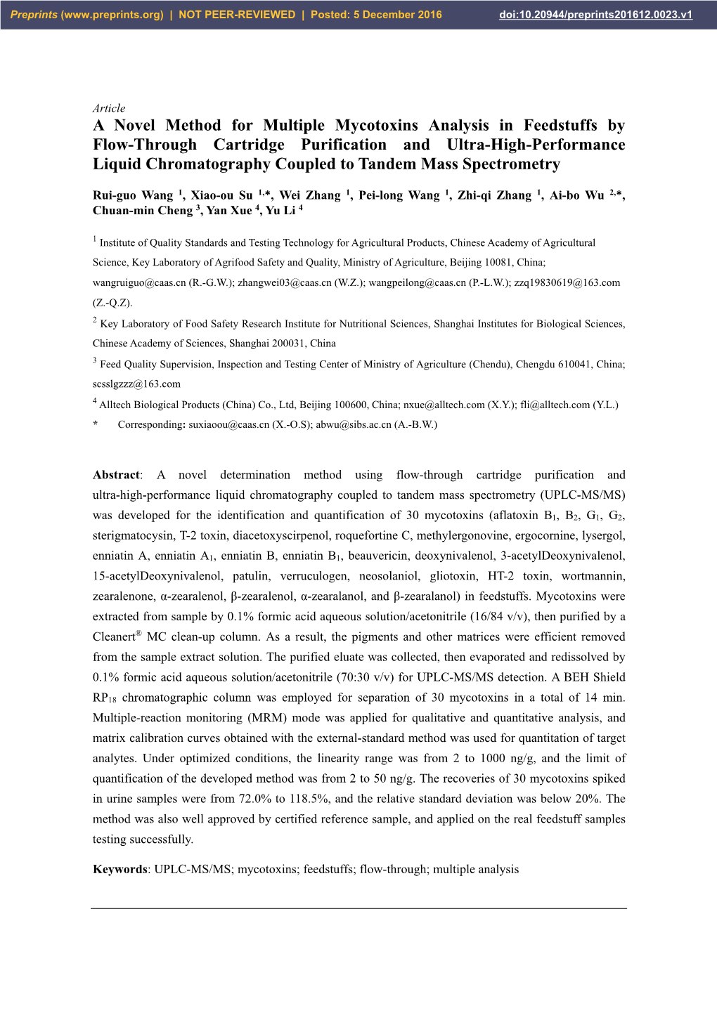 A Novel Method for Multiple Mycotoxins Analysis in Feedstuffs