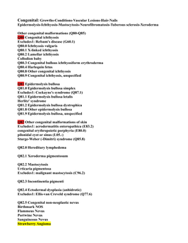 Congenital: Growths-Conditions-Vascular Lesions-Hair-Nails Epidermolysis-Ichthyosis-Mastocytosis-Neurofibromatosis-Tuberous Sclerosis-Xeroderma