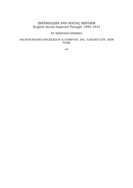 IMPERIALISM and SOCIAL REFORM English Social-Imperial Thought 1895-1914