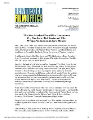 The New Mexico Film Office Announces Cry Macho a Clint Eastwood Film Wraps Production in New Mexico