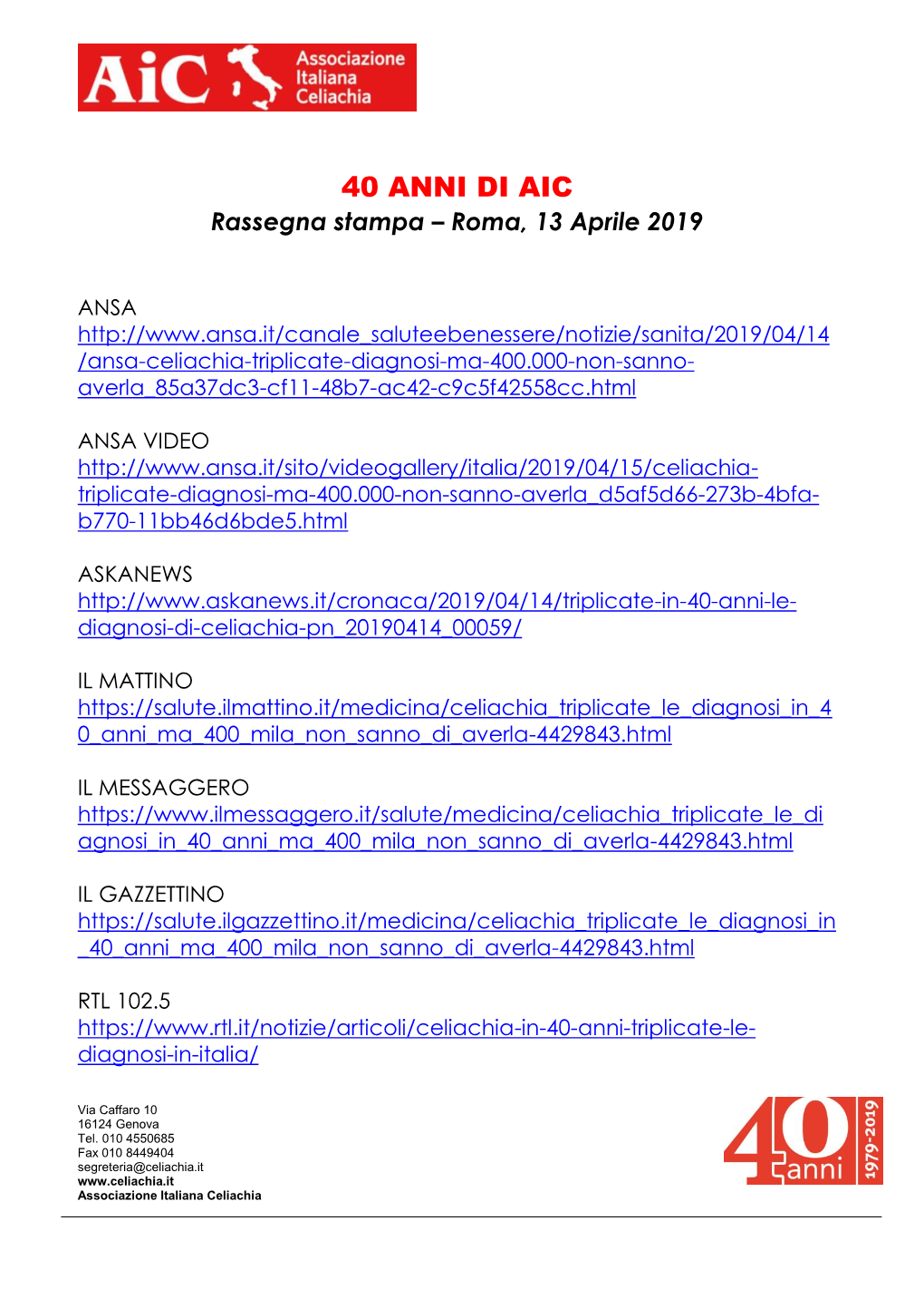 40 ANNI DI AIC Rassegna Stampa – Roma, 13 Aprile 2019