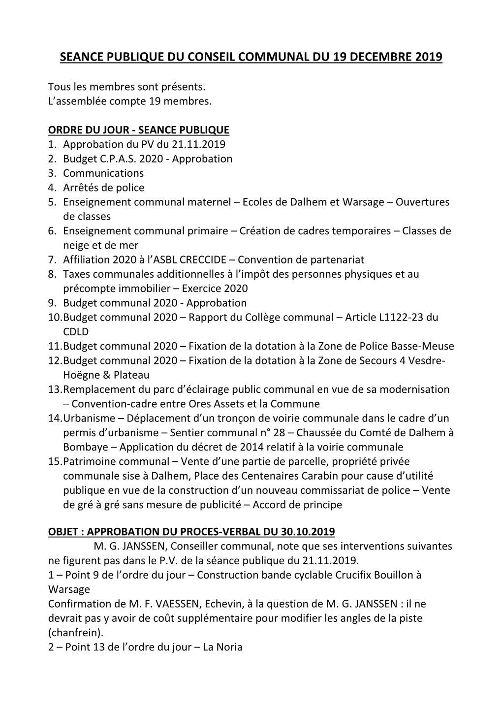 Seance Publique Du Conseil Communal Du 19 Decembre 2019