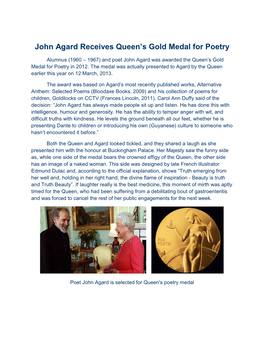 John Agard Receives Queen's Gold Medal for Poetry