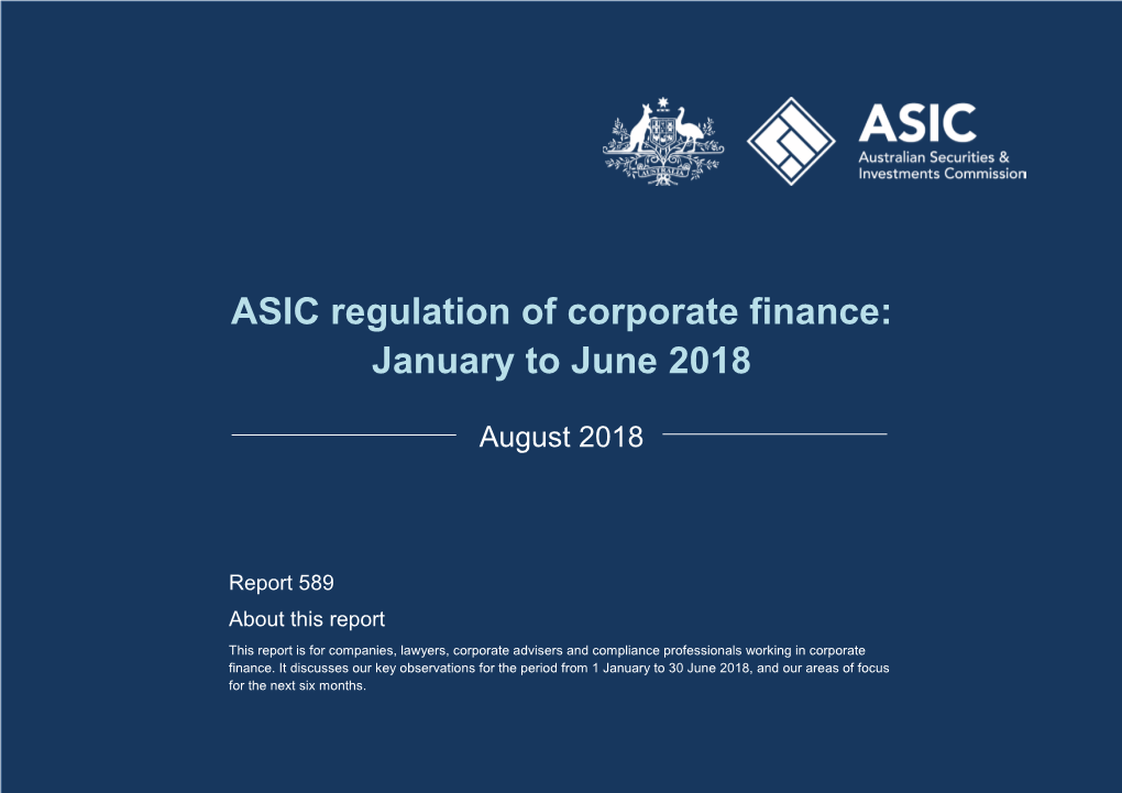 ASIC Regulation of Corporate Finance: January to June 2018