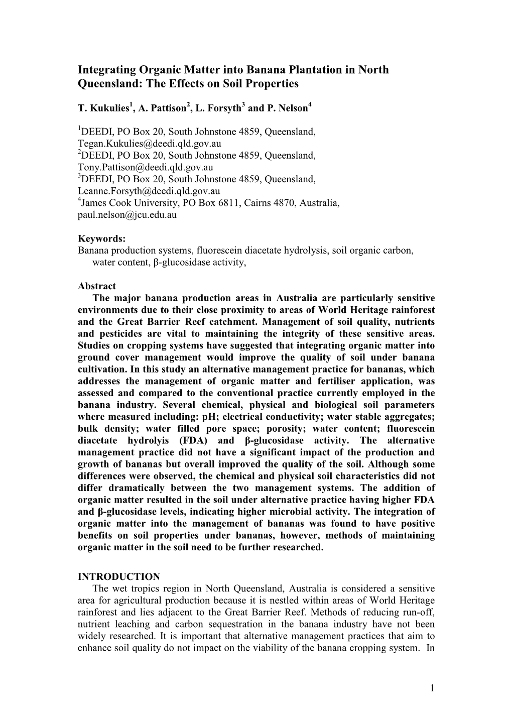 Integrating Organic Matter Into Banana Plantation in North Queensland: the Effects on Soil Properties