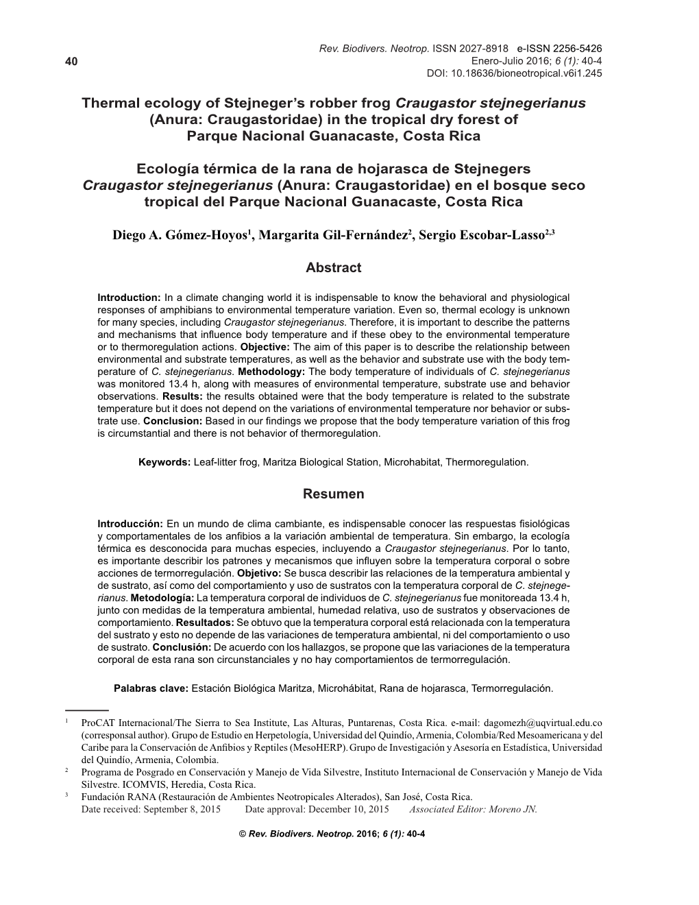 Thermal Ecology of Stejneger's Robber Frog Craugastor Stejnegerianus