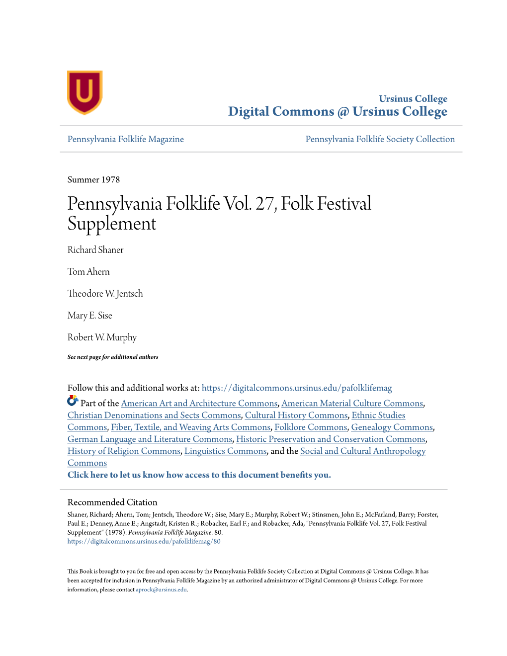 Pennsylvania Folklife Vol. 27, Folk Festival Supplement Richard Shaner