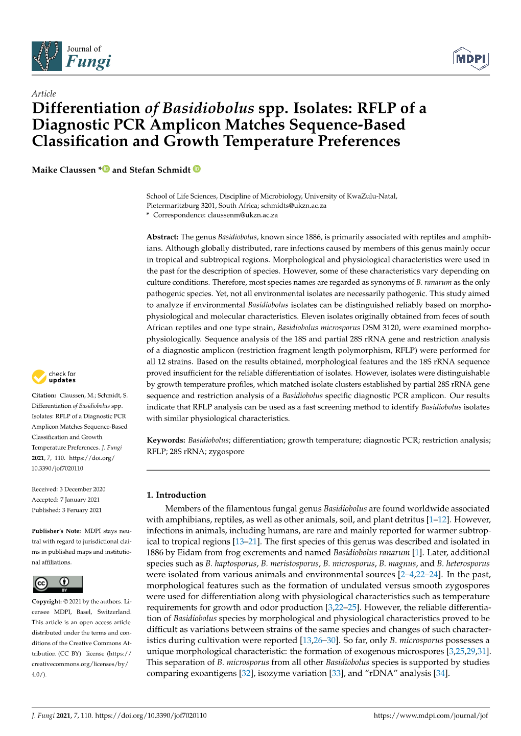 Differentiation of Basidiobolus Spp. Isolates: RFLP of a Diagnostic PCR Amplicon Matches Sequence-Based Classiﬁcation and Growth Temperature Preferences