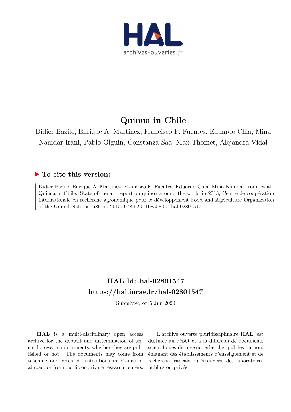Quinua in Chile Didier Bazile, Enrique A