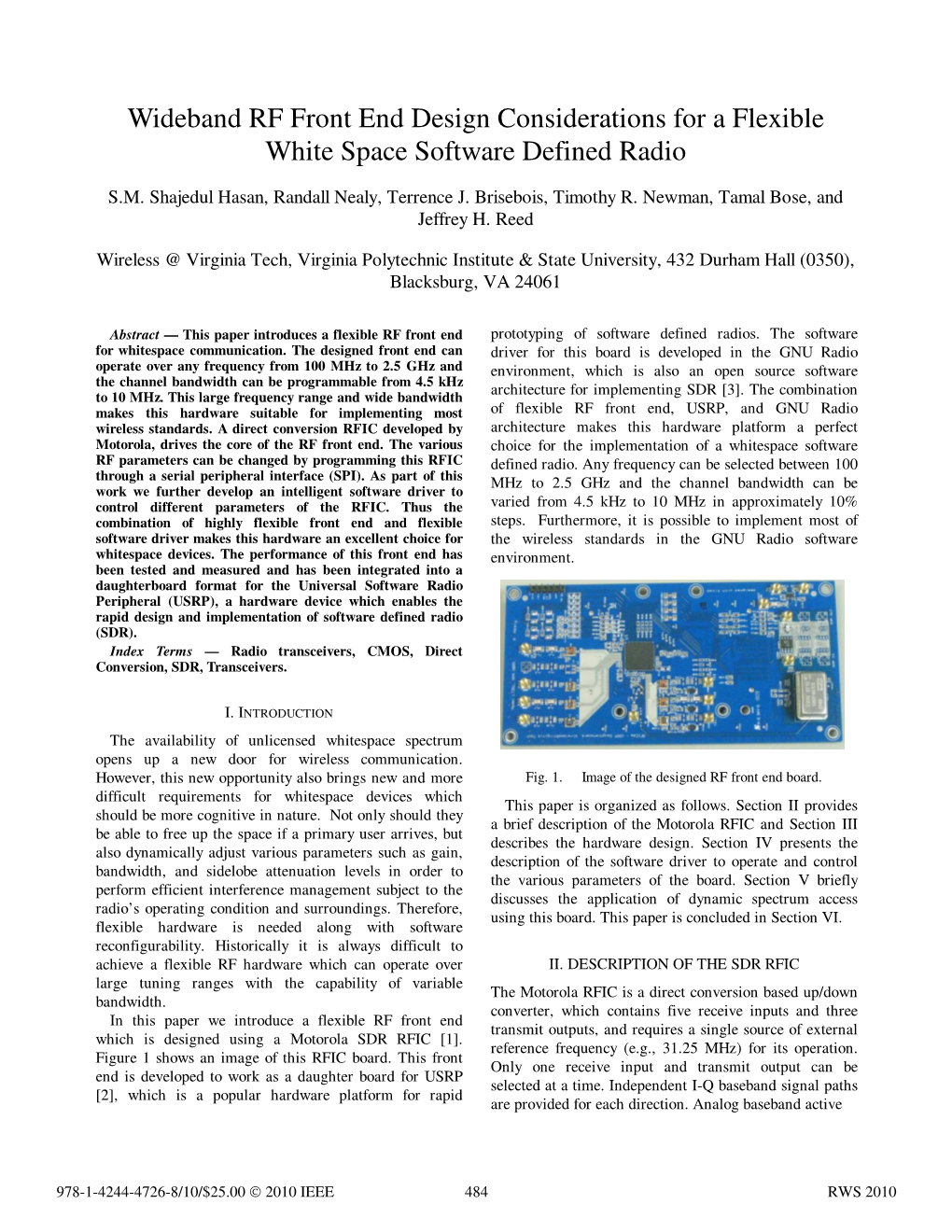 Wideband RF Front End Design Considerations for a Flexible White Space Software Defined Radio