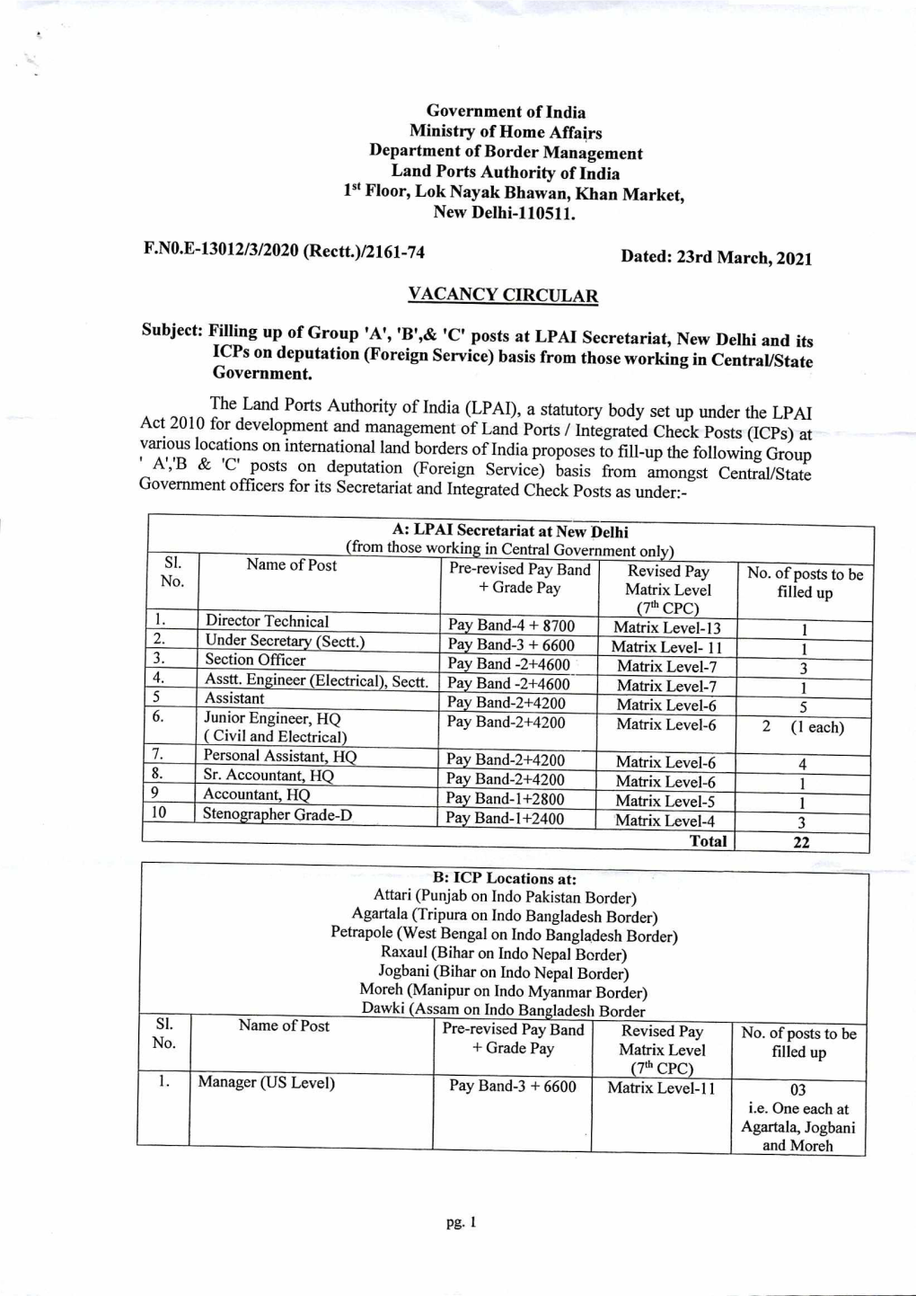 Government of India Ministry of Home Affairs Department of Border Management Land Ports Authority of India 1St Floor, Lok Nayak Bhawan, Khan Market, New Delhi-110511