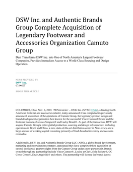 DSW Inc. and Authentic Brands Group Complete Acquisition of Legendary Footwear and Accessories Organization Camuto Group Deal Transforms DSW Inc