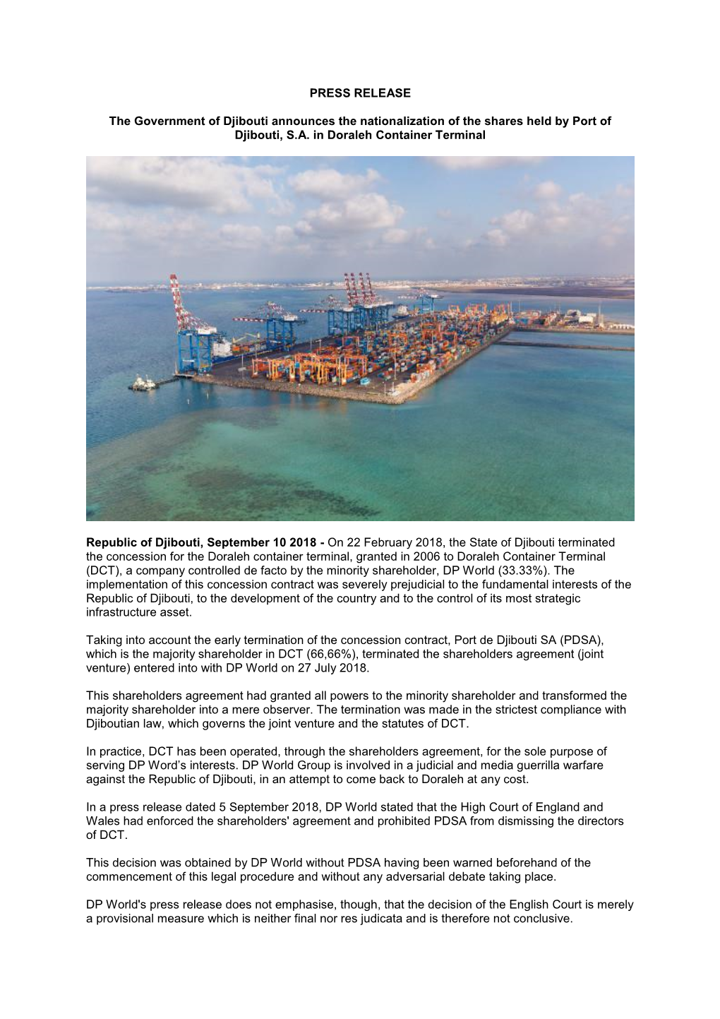 PRESS RELEASE the Government of Djibouti Announces The