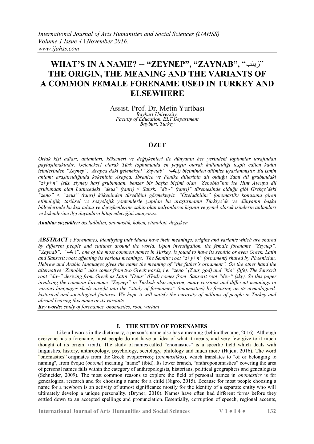 Zaynab the Origin, the Meaning and the Variants of a Common Female Forename Used in Turkey and Elsewhere