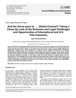 And the Oscar Goes to . . . Global Cinema!!! Taking a Close-Up Look at the Business and Legal Challenges and Opportunities of International and U.S