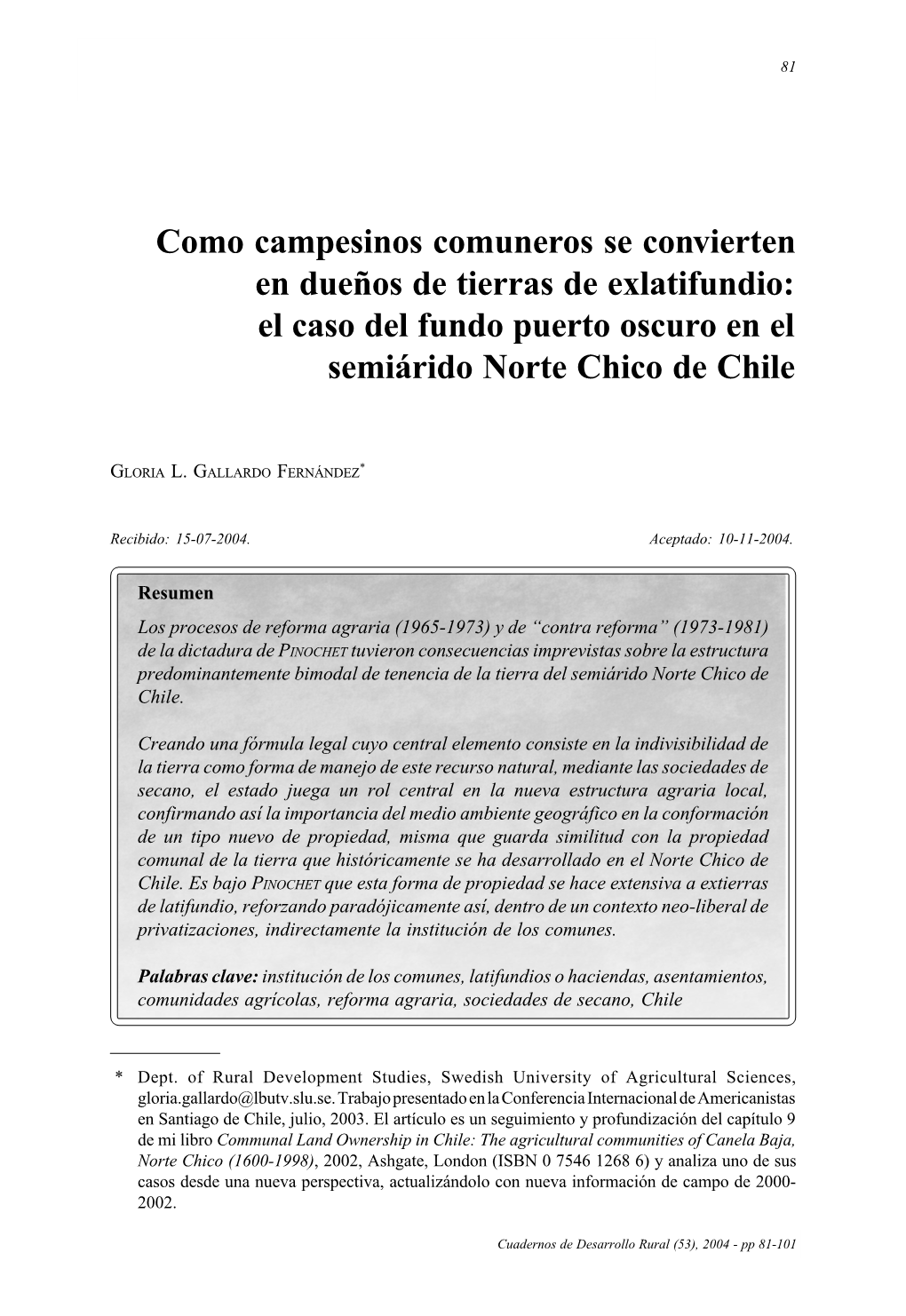 El Caso Del Fundo Puerto Oscuro En El Semiárido Norte Chico De Chile