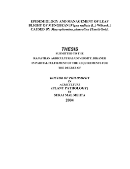 Thesis Submitted to the Rajasthan Agricultural University, Bikaner in Partial Fulfilment of the Requirements for the Degree Of