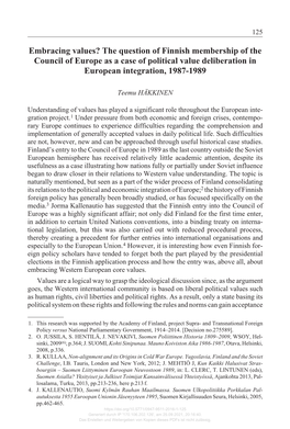 The Question of Finnish Membership of the Council of Europe As a Case of Political Value Deliberation in European Integration, 1987-1989