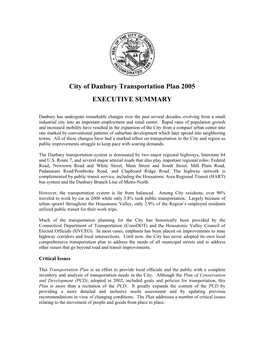 City of Danbury Transportation Plan 2005 EXECUTIVE SUMMARY