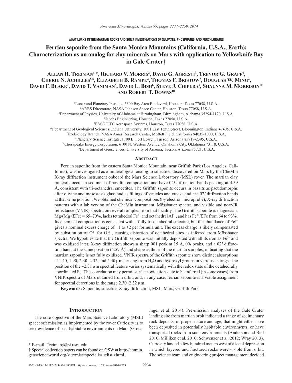 Ferrian Saponite from the Santa Monica Mountains (California, U.S.A., Earth): Characterization As an Analog for Clay Minerals On