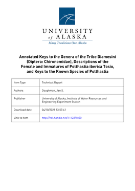 (Diptera: Chironomidae), Descriptions of the Female and Immatures of Potthastia Iberica Tosio, and Keys to the Known Species of Potthastia