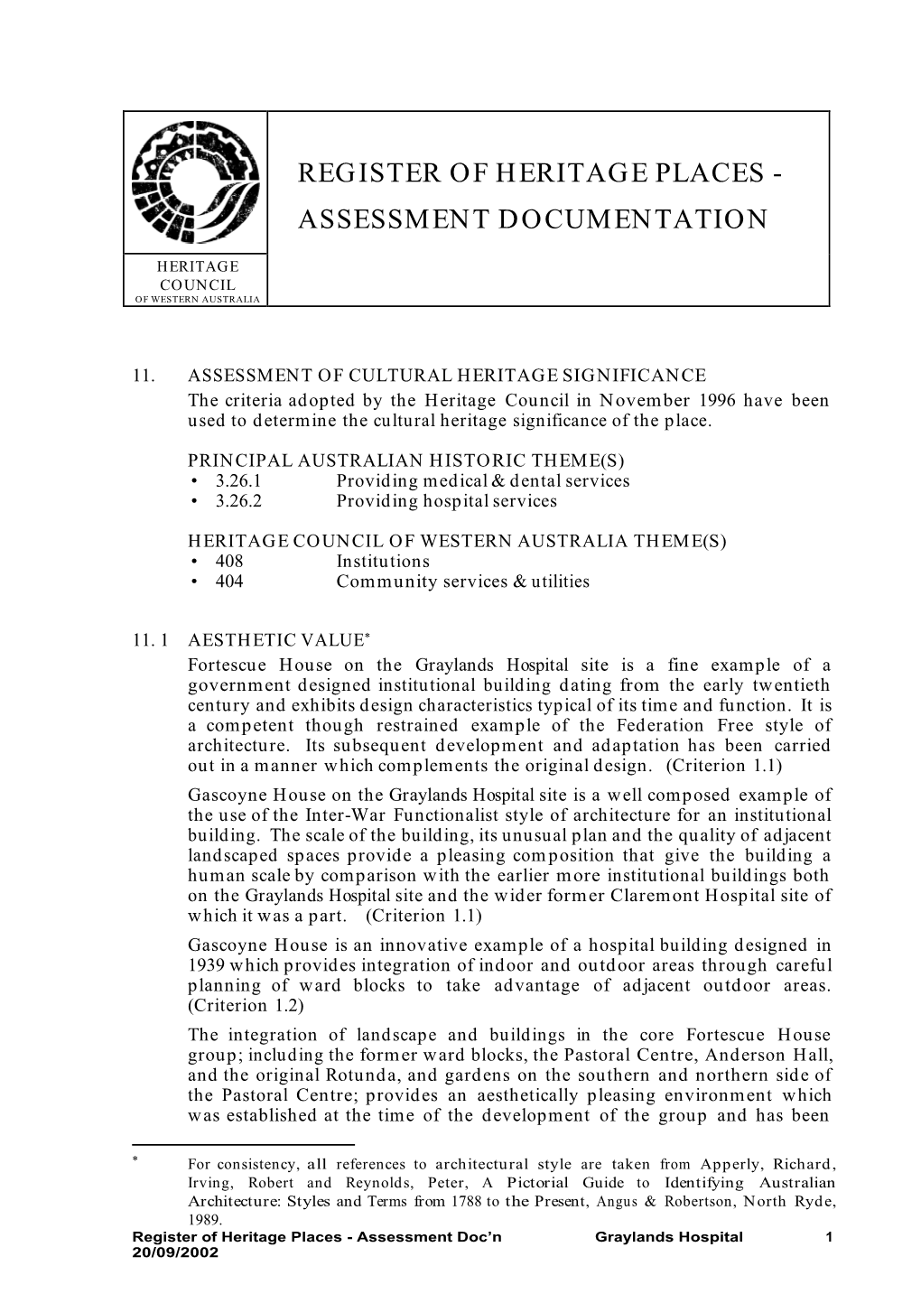 Register of Heritage Places - Assessment Documentation