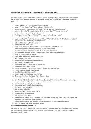 American Literature - Obligatory Reading List
