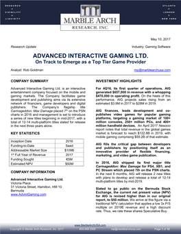 ADVANCED INTERACTIVE GAMING LTD. on Track to Emerge As a Top Tier Game Provider
