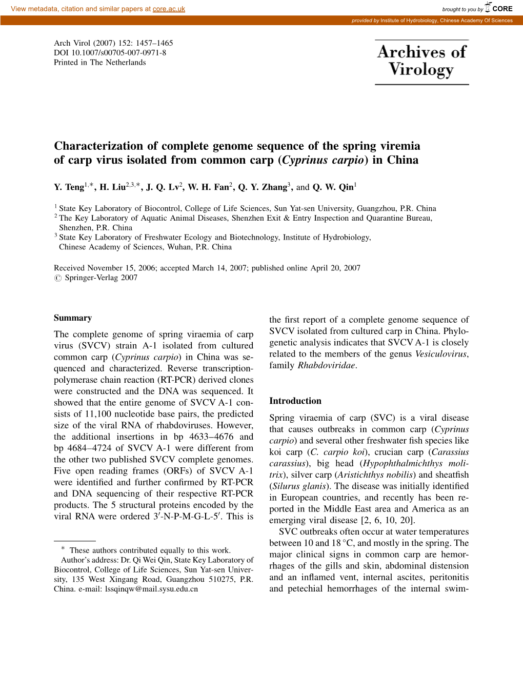 Characterization of Complete Genome Sequence of the Spring Viremia of Carp Virus Isolated from Common Carp (Cyprinus Carpio) in China