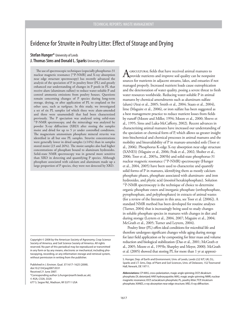 Evidence for Struvite in Poultry Litter: Effect of Storage and Drying