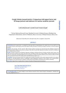 Google Scholar Journal Metrics: Comparison with Impact Factor and Scimago Journal Rank Indicator for Nuclear Medicine Journals Original Article