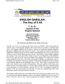 English Qabalah: the Key of It All Page 1 of 23