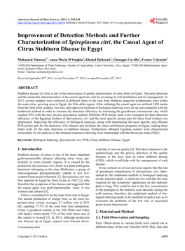 Improvement of Detection Methods and Further Characterization of Spiroplasma Citri, the Causal Agent of Citrus Stubborn Disease in Egypt
