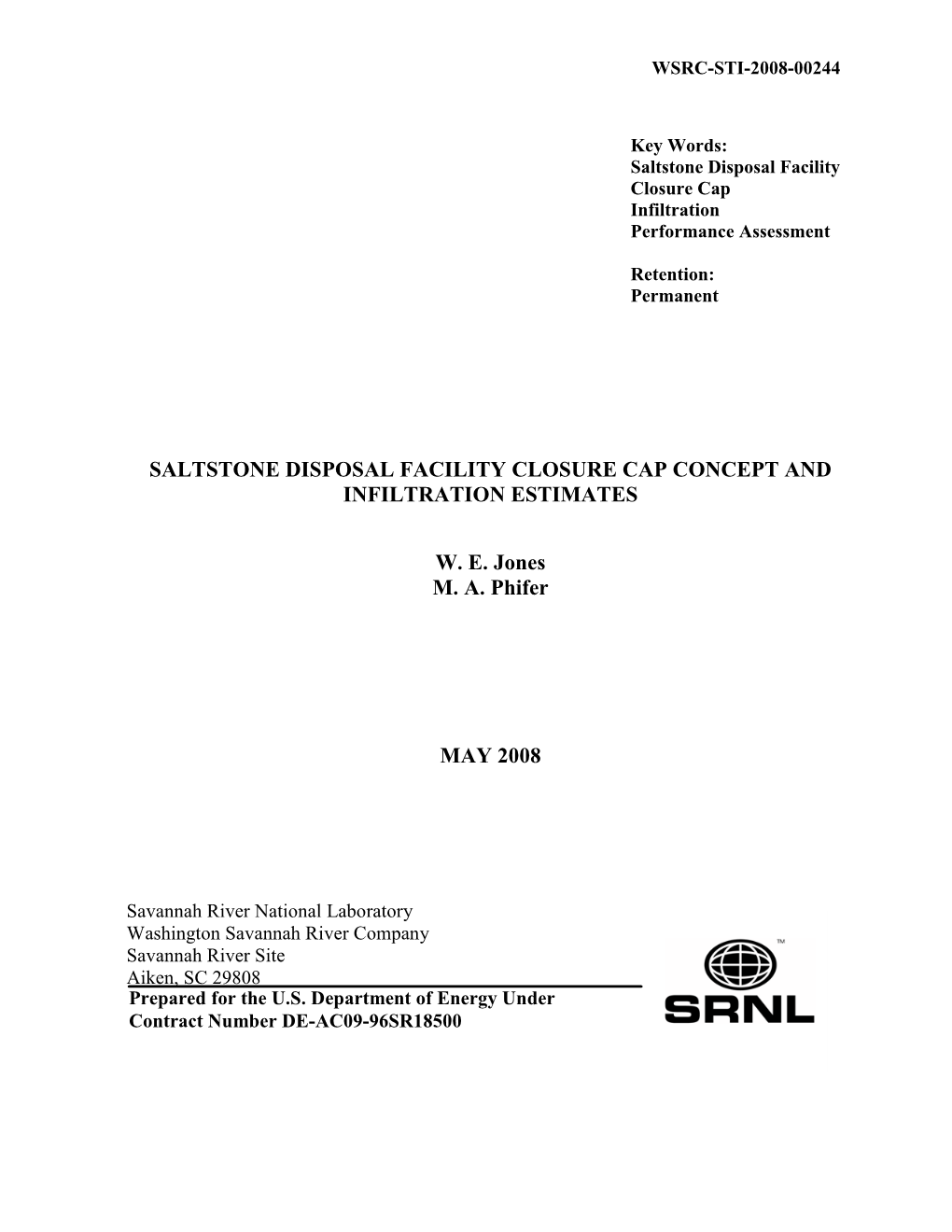 Saltstone Disposal Facility Closure Cap Concept and Infiltration Estimates