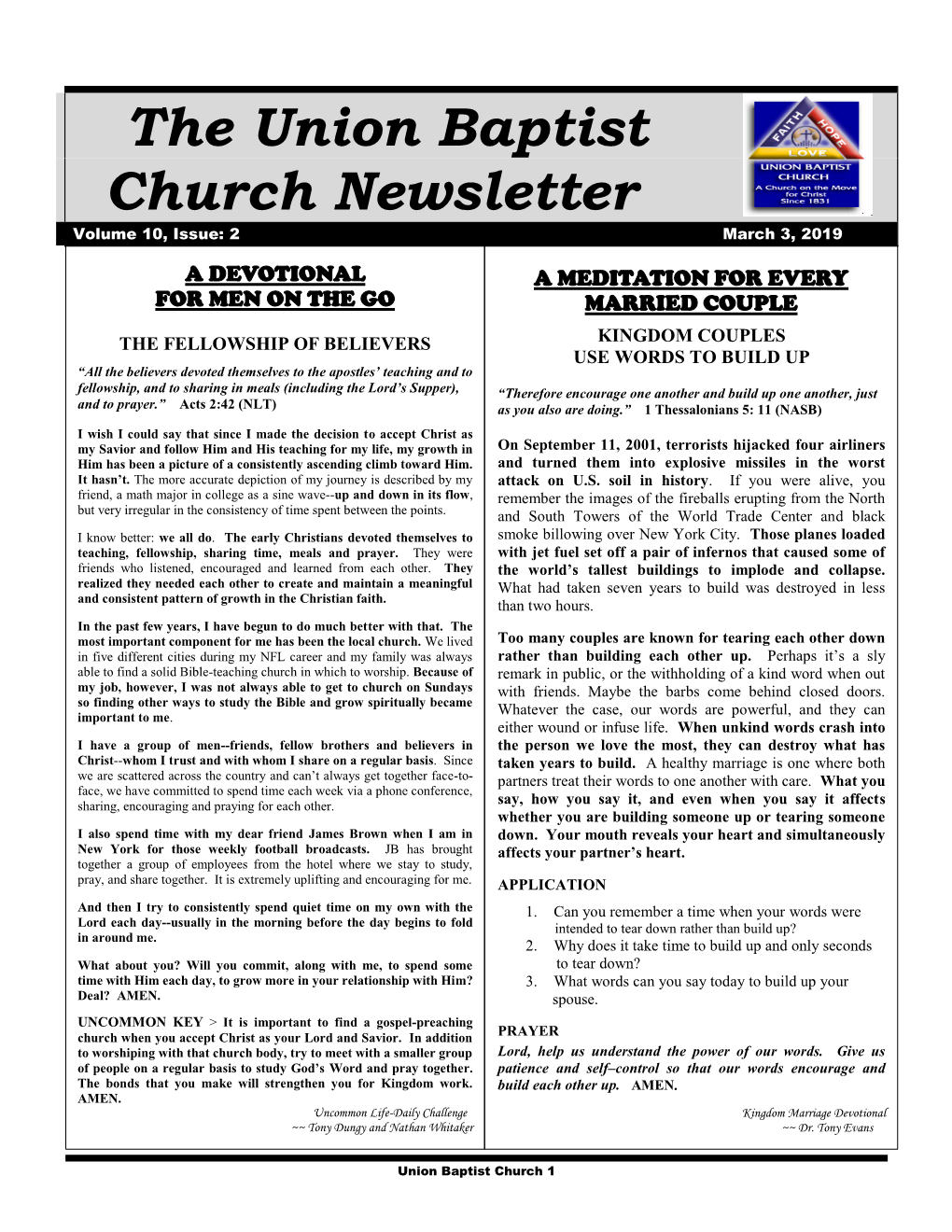 The Union Baptist Church Newsletter Volume 10, Issue: 2 March 3, 2019