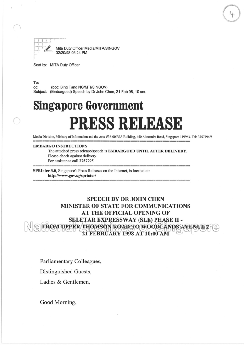 Official Opening of Seletar Expressway (Sle) Phase Ii - from Upper Thomson Road to Woodlands a Venue 2 21 February 1998 at 10:00 Am