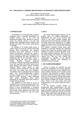 P6.1 ANALYSIS of a TORNADIC MINI-SUPERCELL in FINLAND by USING DOPPLER RADAR Jenni Teittinen* and Harri Hohti Finnish Meteorol