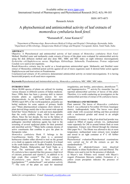 A Phytochemical and Antimicrobial Activity of Leaf Extracts of Momordica Cymbalaria Hook Fenzl