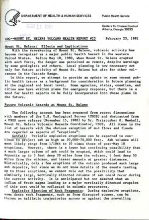 CDC--MOUNT ST. HELENS VOLCANO HEALTH REPORT #23 February 23, 1981