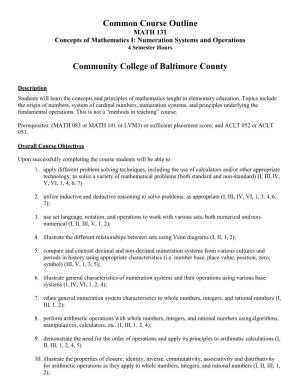 Common Course Outline MATH 131 Concepts of Mathematics I: Numeration Systems and Operations 4 Semester Hours