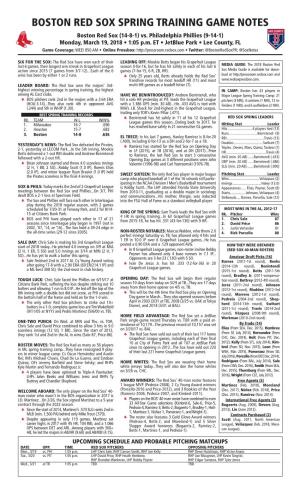 BOSTON RED SOX SPRING TRAINING GAME NOTES Boston Red Sox (14-8-1) Vs