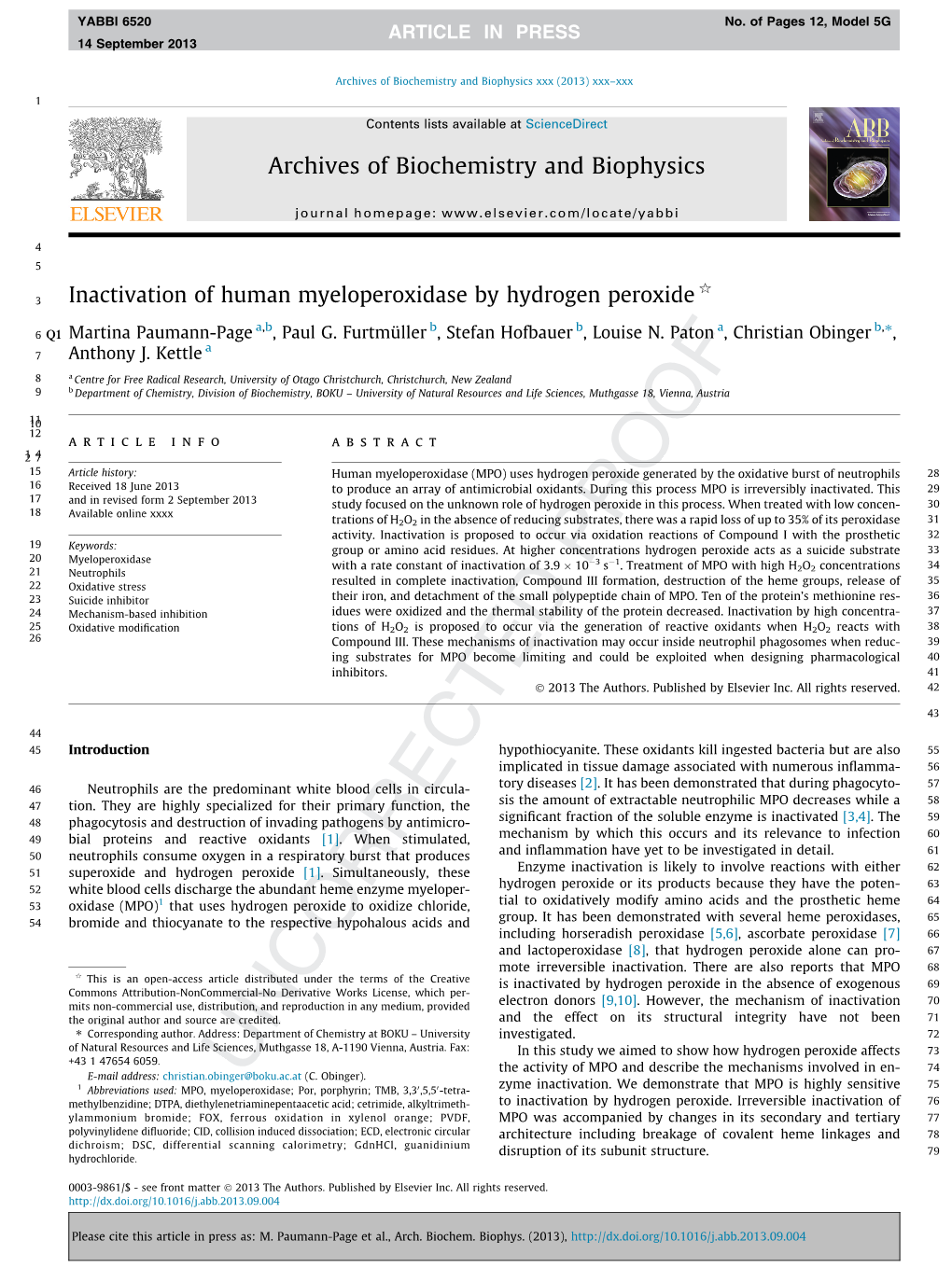 Inactivation of Human Myeloperoxidase by Hydrogen Peroxide