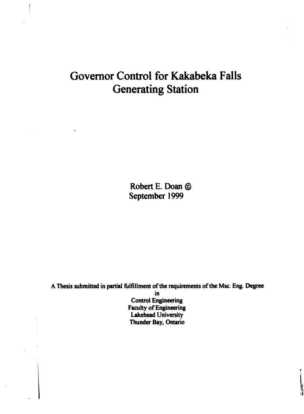 Governor Control for Kakabeka Falls Generating Station