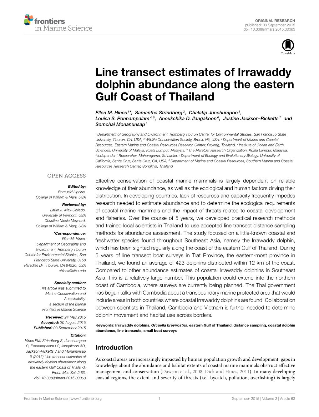 Line Transect Estimates of Irrawaddy Dolphin Abundance Along the Eastern Gulf Coast of Thailand