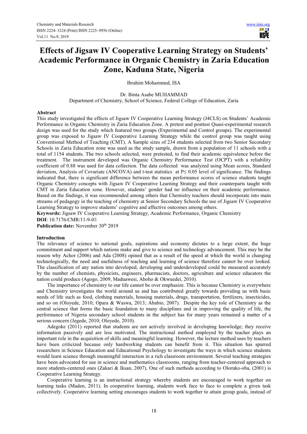 Effects of Jigsaw IV Cooperative Learning Strategy on Students’ Academic Performance in Organic Chemistry in Zaria Education Zone, Kaduna State, Nigeria