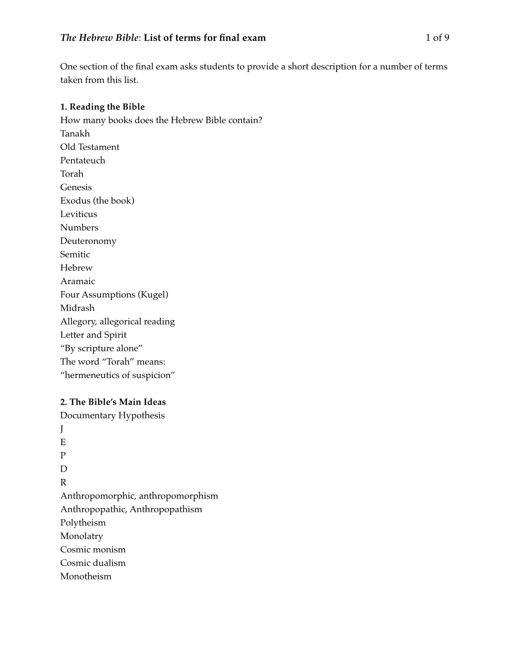 The Hebrew Bible: List of Terms for Final Exam Of