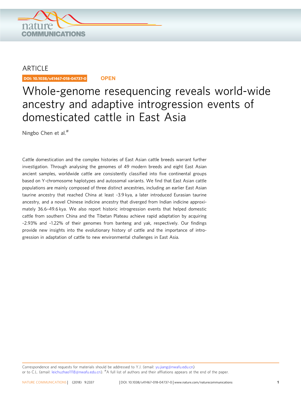 Whole-Genome Resequencing Reveals World-Wide Ancestry and Adaptive Introgression Events of Domesticated Cattle in East Asia