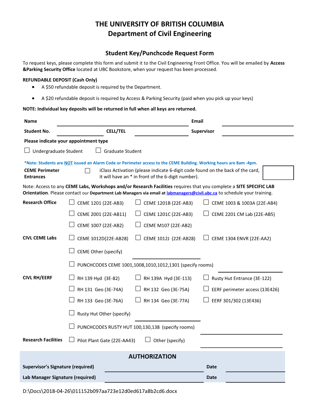 Student Key/Punchcode Request Form