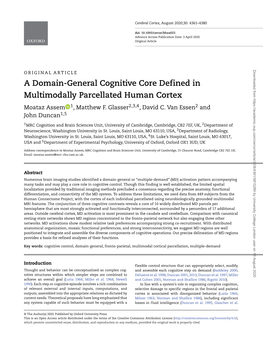 A Domain-General Cognitive Core Defined in Multimodally Parcellated Human Cortex Moataz Assem 1, Matthew F