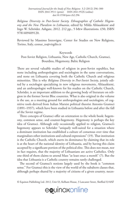 Religious Diversity in Post-Soviet Society. Ethnographies of Catholic Hegem- Ony and the New Pluralism in Lithuania, Edited by Milda Ališauskienė and Ingo W
